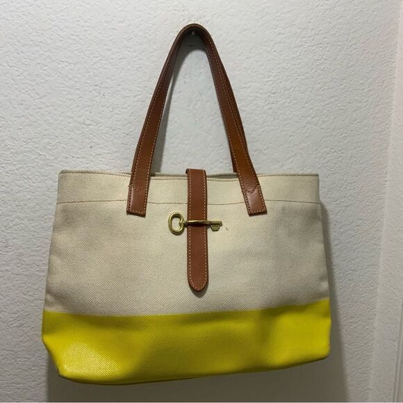 Fossil canvas tote multicolor leather trim - Picture 1 of 11
